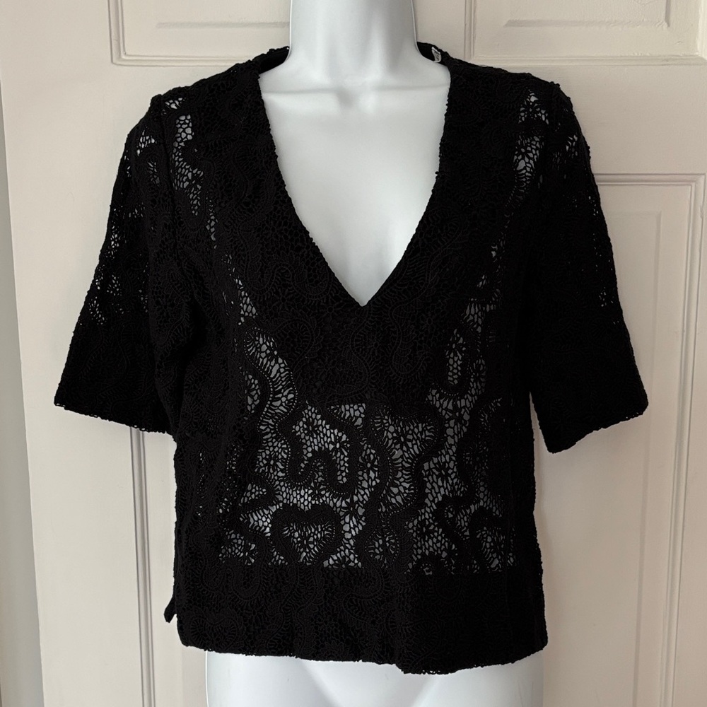 A.L.C. Black Crochet V-Neck Blouse
